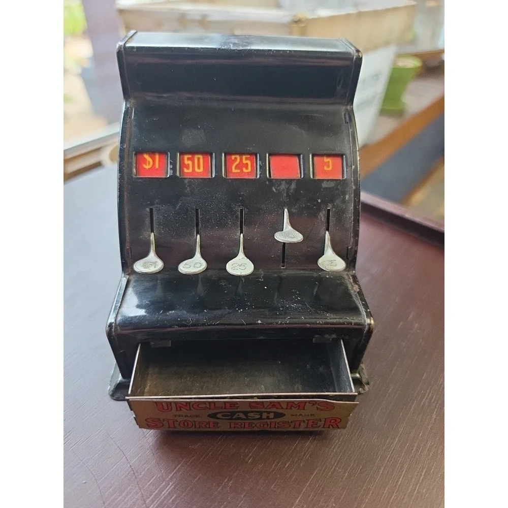 Vintage Tin Toy Uncle Sam's Store Cash Register Durable Toy & Novelty Co. Works!